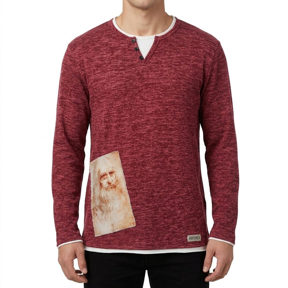 Historica Leonardo da Vinci Maroon White Faux Layer Henley Long Sleeve Shirt L - Picture 2 of 10